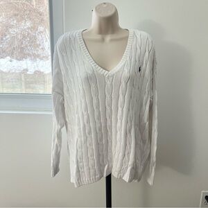 POLO Ralph Lauren Women's Cable Knit Sweater - White Size L Pima Cotton V Neck
